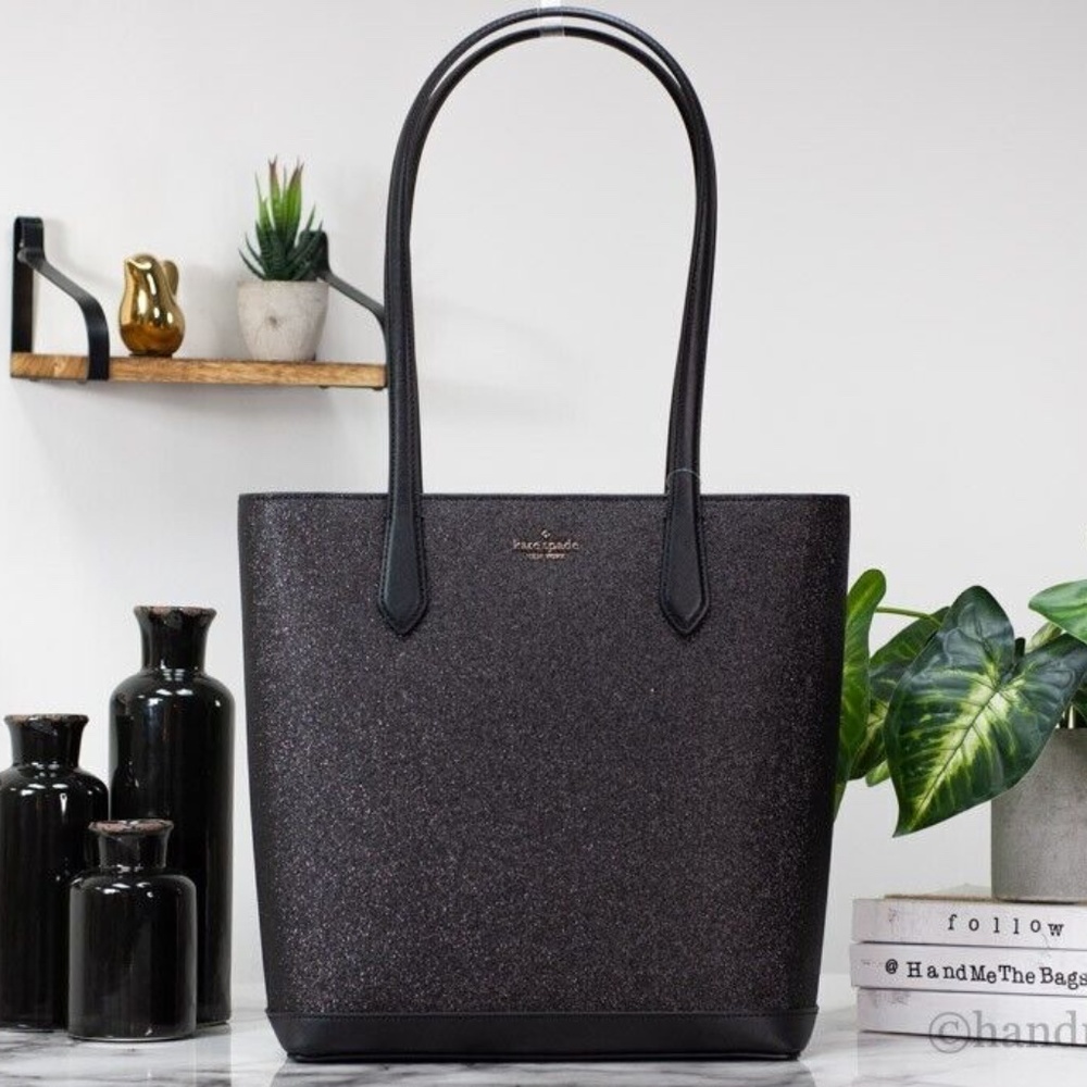 Kate Spade Tinsel Large Black Glitter Fabric Shoulder Tote Bag Handbag Purse